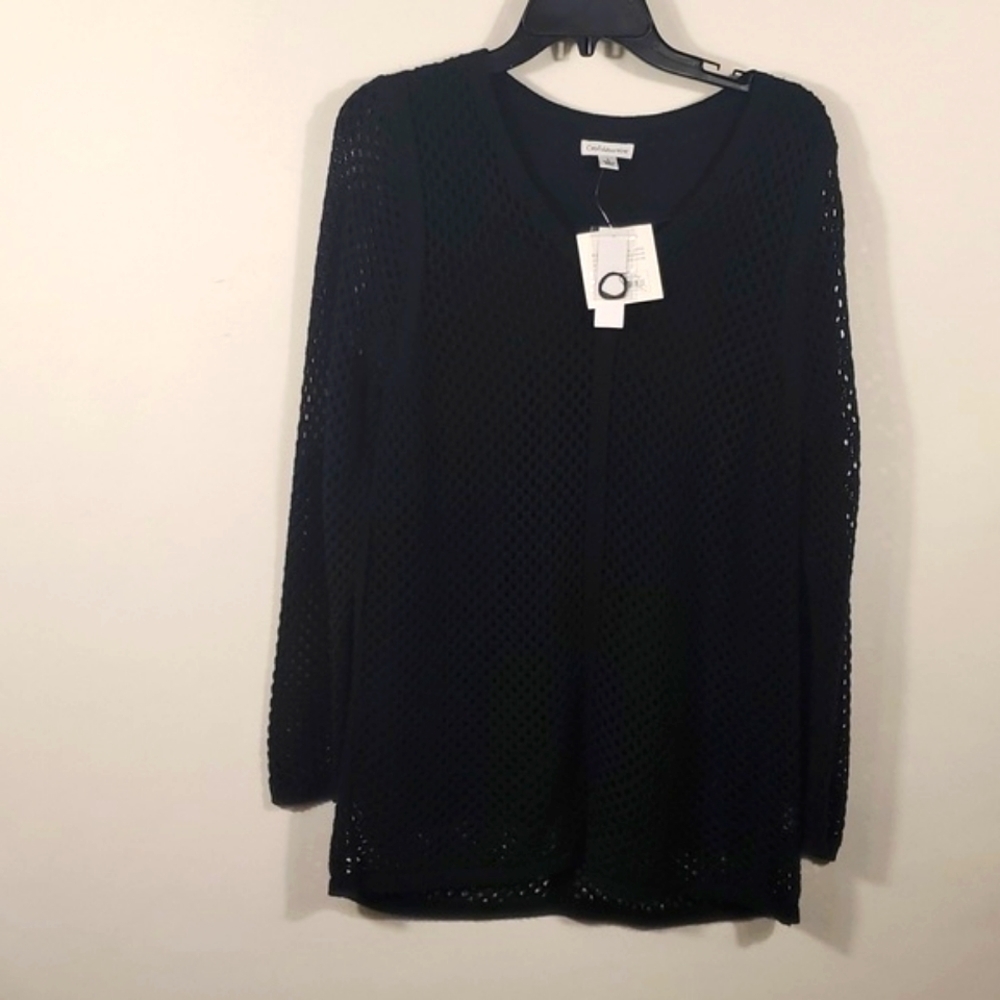 Black Pull on Sweater fishnet sleeves Size Large NWTG